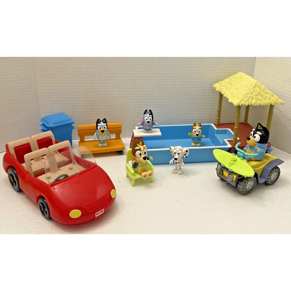 Bluey Mixed Lot 6 Figures 2 Vehicles Accessories Pool Heeler Family